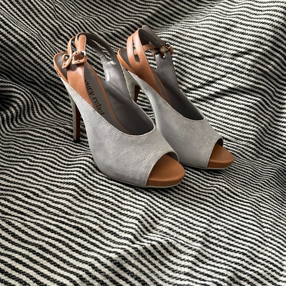 Gray suede and tan leather open toe heels. New in box!